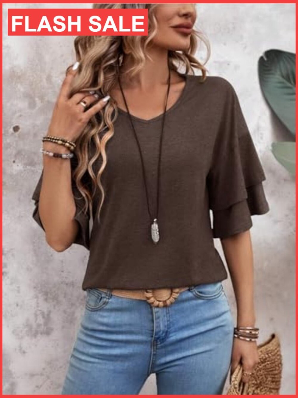 Ruffle Bell Sleeve V-Neck Blouse, 3/4 Sleeve, Polyester Spandex Rayon Blend - Picture 4 of 7